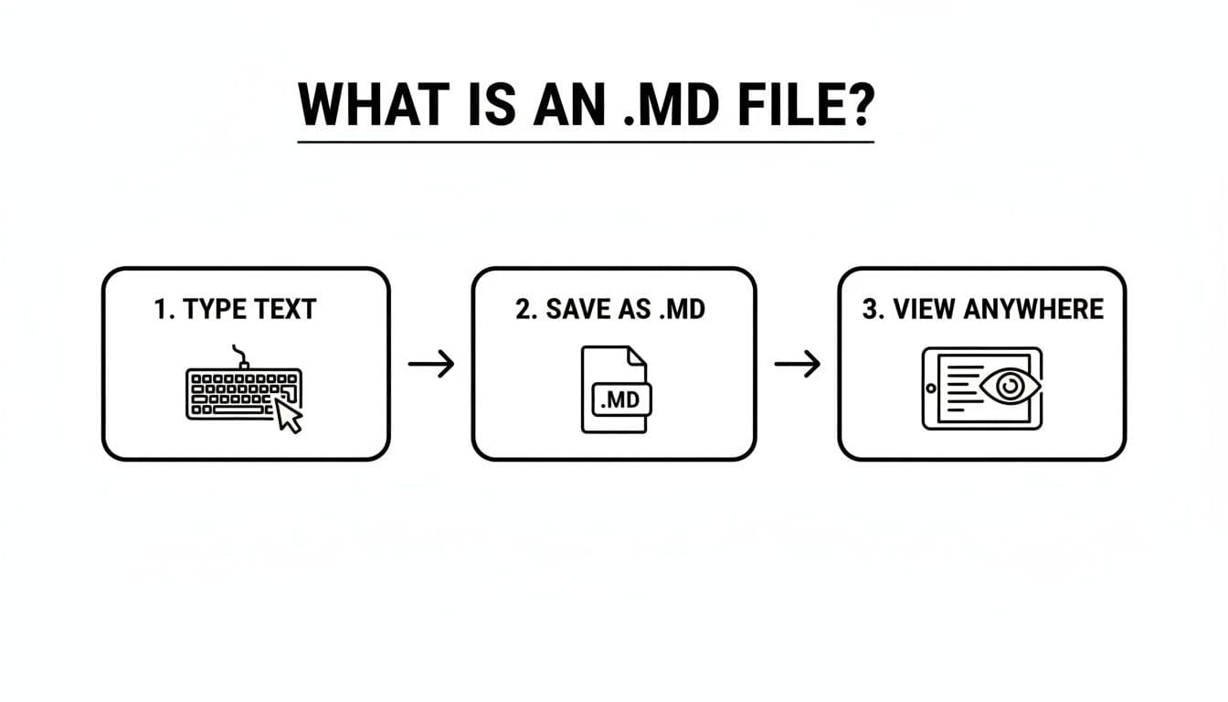 Flowchart explaining what an MD file is, showing steps: type text, save as .MD, and view anywhere.