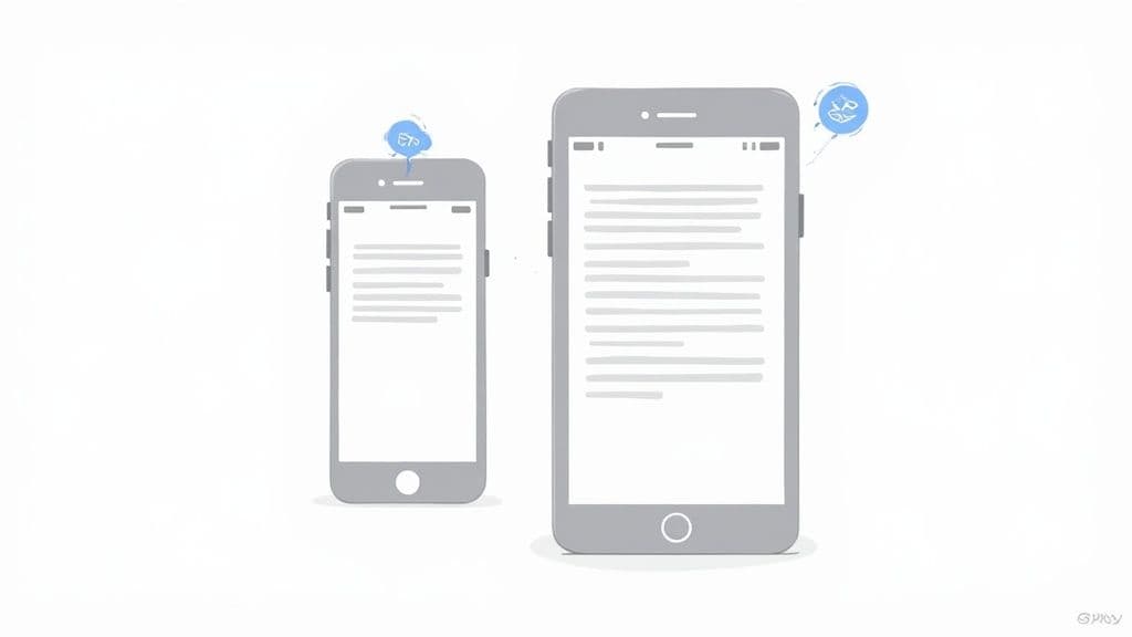 Two grey smartphones of different sizes display text on screen with blue thought bubbles above them.