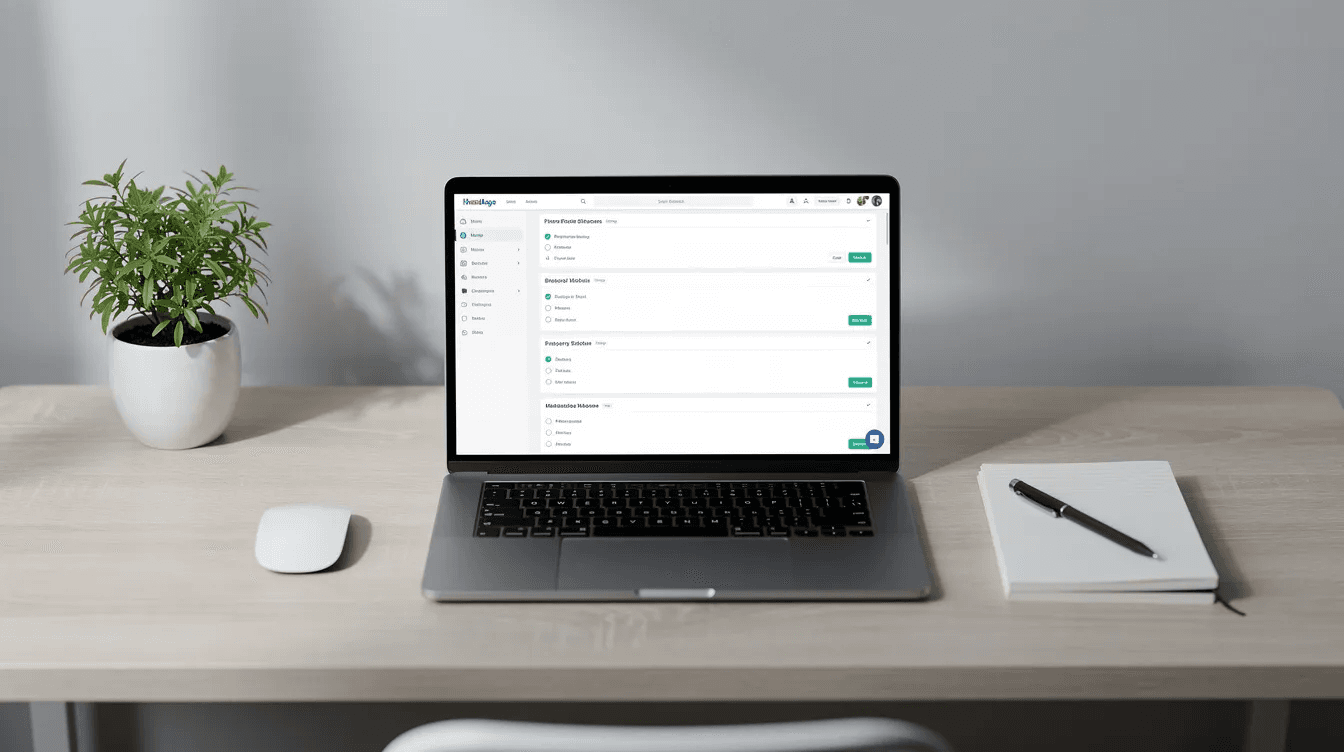The image depicts a clean and organized desk featuring a laptop and a notebook, illustrating an efficient workspace ideal for daily note-taking and task tracking. This setup promotes productivity, making it easy to create new notes and manage daily and weekly tasks effectively.