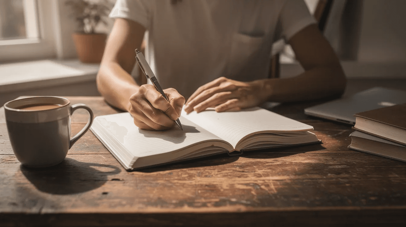A person is writing in a journal at a wooden desk, surrounded by notes and a calendar, illustrating the process of daily journaling and note creation. The scene captures the essence of organizing thoughts and tasks, reflecting a moment of reflection and planning for today's daily note.