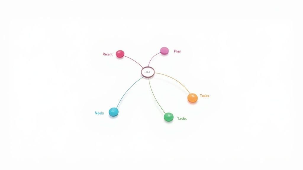 A colorful mind map showing an 'Idea' connected to 'Rezart', 'Plan', 'Tasks', and 'Neels'.