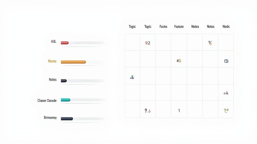 A data table with Topic, Fecha, Feature, Notes headers alongside colored progress bars labeled Alll., Mome, Notes, Clianer Danole, Brrinamey.