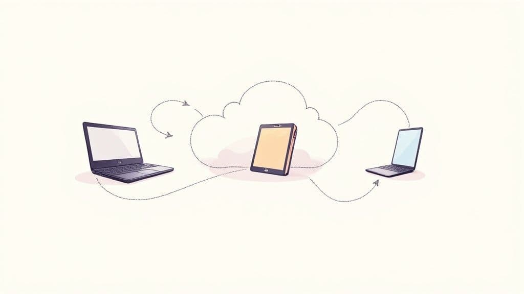 Illustration of laptops and a tablet connected by dashed lines to a central cloud, symbolizing data synchronization.