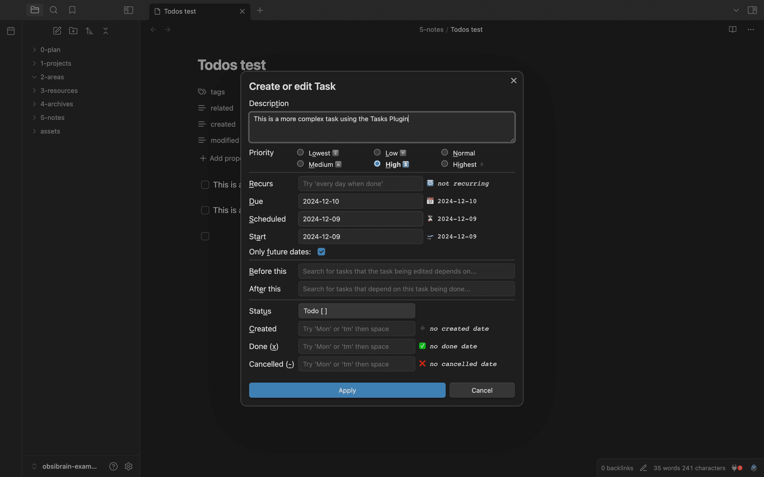 The Tasks plugin interface in Obsidian
