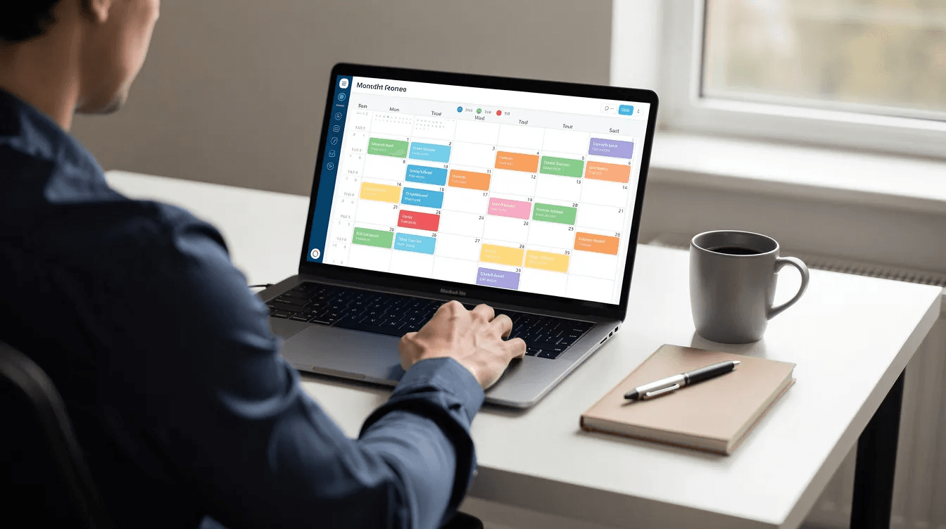 A person is sitting at a laptop, intently reviewing a calendar displayed on the screen, likely engaging in a weekly review as part of their stress-free productivity routine. This moment reflects the GTD methodology, where they organize tasks, set reminders, and clarify actionable items to maintain control over their projects and life.