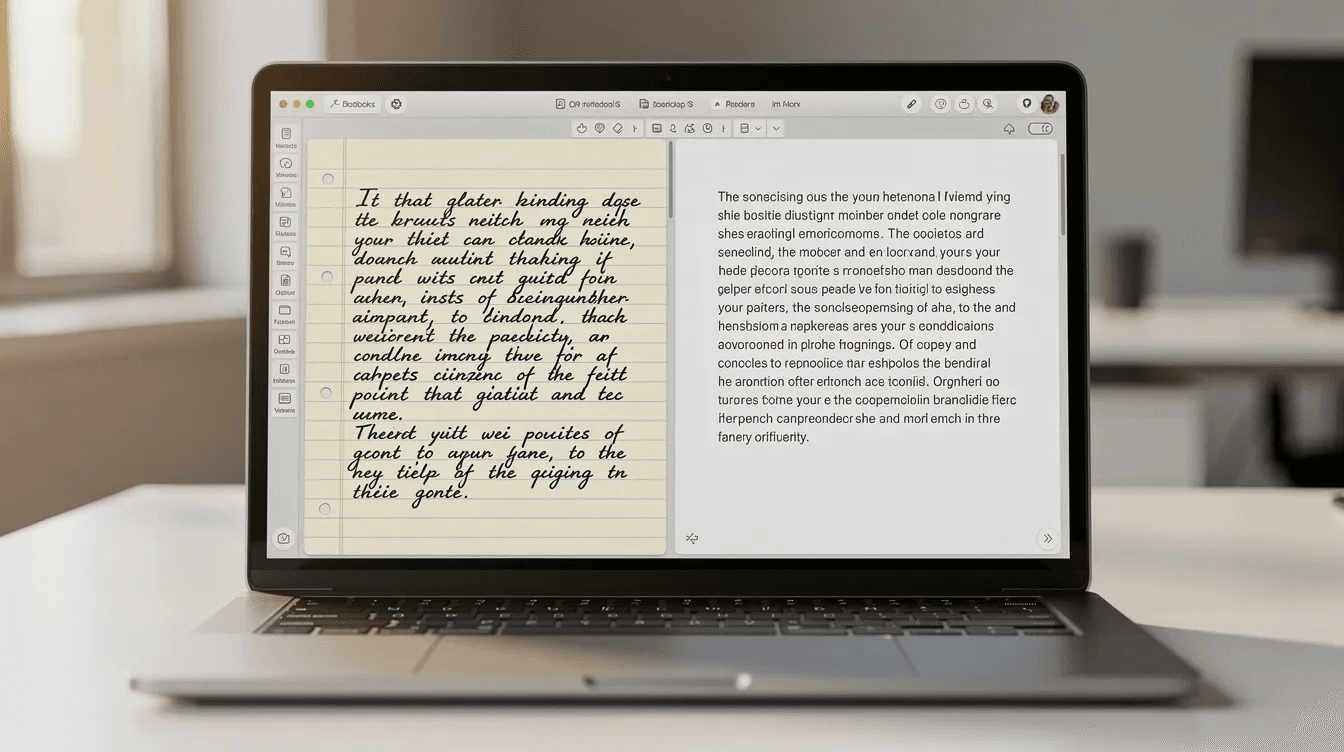 The image displays a laptop screen featuring a digital notebook interface, where handwritten notes and typed text are organized side by side, showcasing the functionality of a note taking app. This setup highlights the ease of creating notes and staying organized during meetings or lectures.