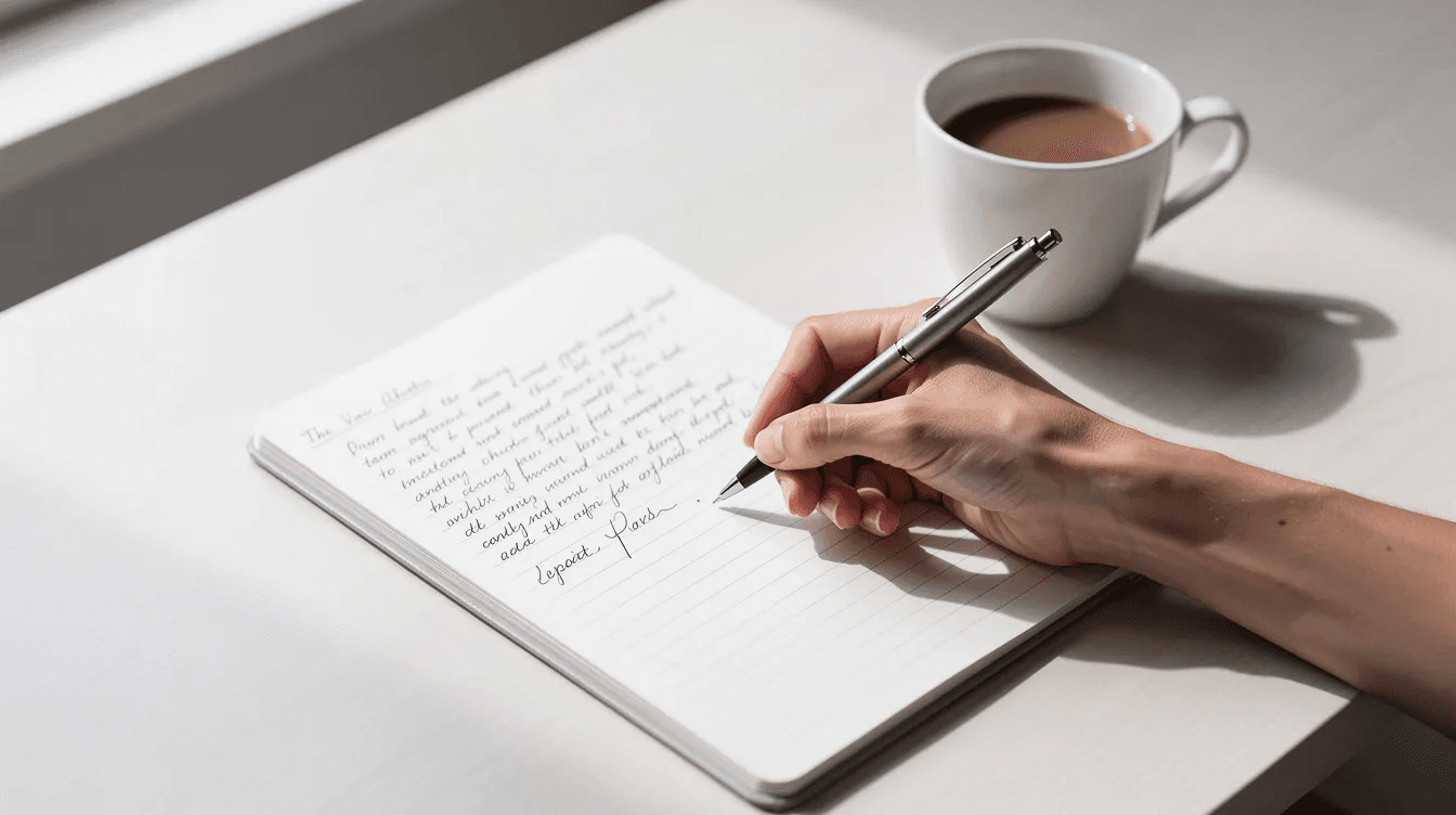 A person is writing notes at a clean desk, equipped with a notebook and a coffee cup, embodying the principles of stress-free productivity and the GTD methodology. The organized workspace suggests a focus on capturing information and maintaining an efficient workflow for managing tasks and projects.