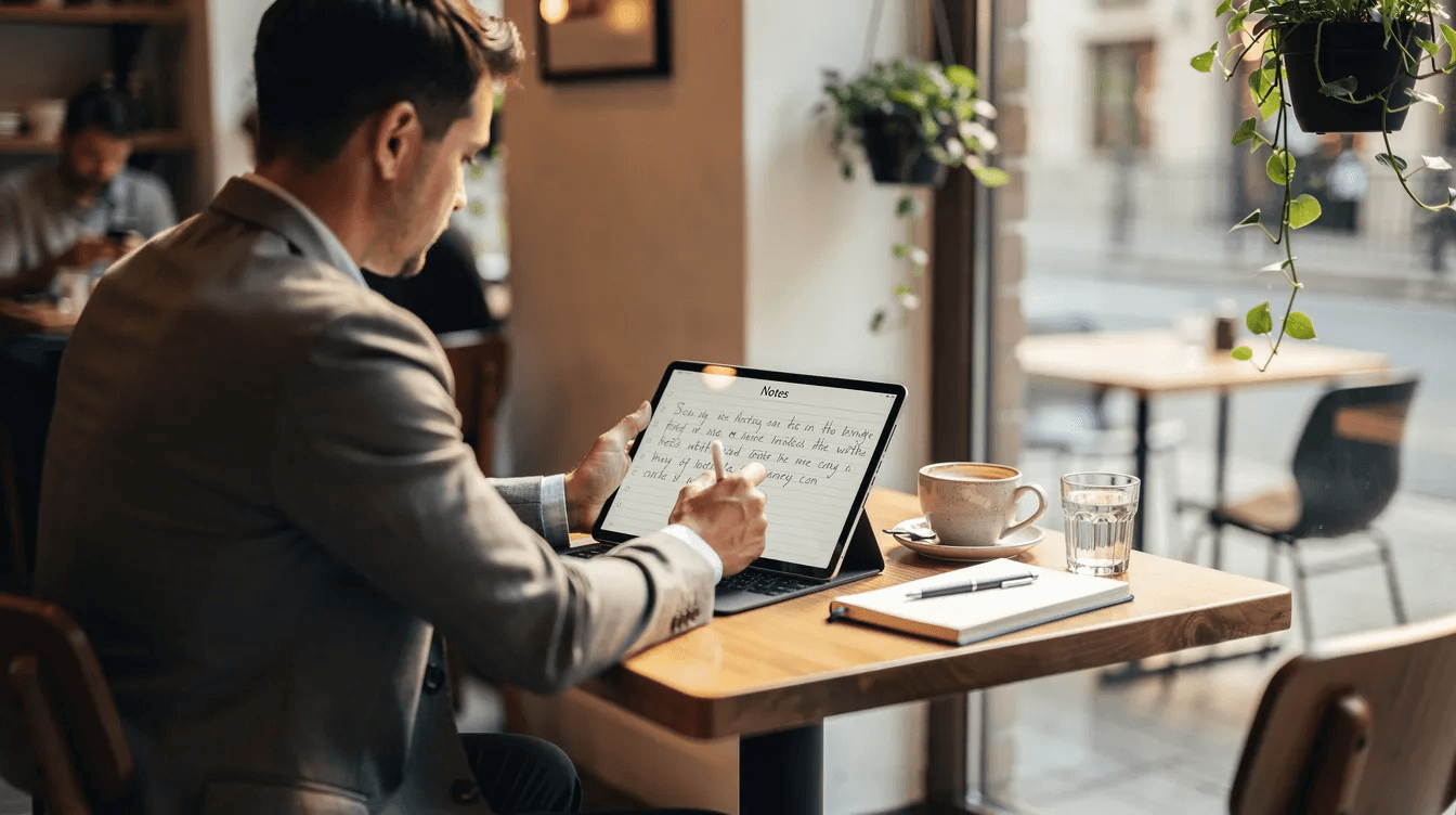 A person is sitting at a cafe table, focused on using a tablet with a stylus to create notes, possibly for meeting notes or lecture notes. The scene captures the essence of note taking in a digital notebook, highlighting the convenience of modern note taking apps.