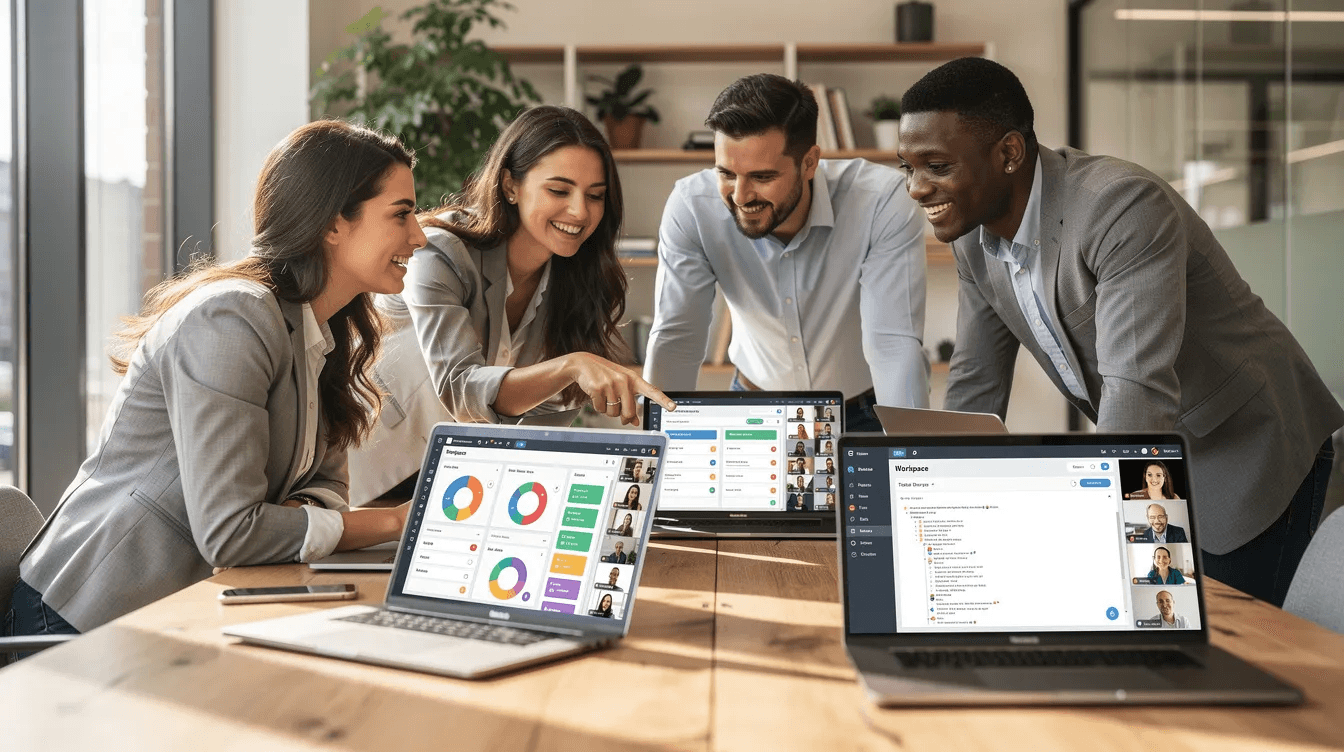 A diverse team is collaborating around a table, each person focused on their laptops displaying interconnected workspace interfaces. They are likely using a note-taking app to create and organize meeting notes, ensuring they stay organized and connected during their discussion.