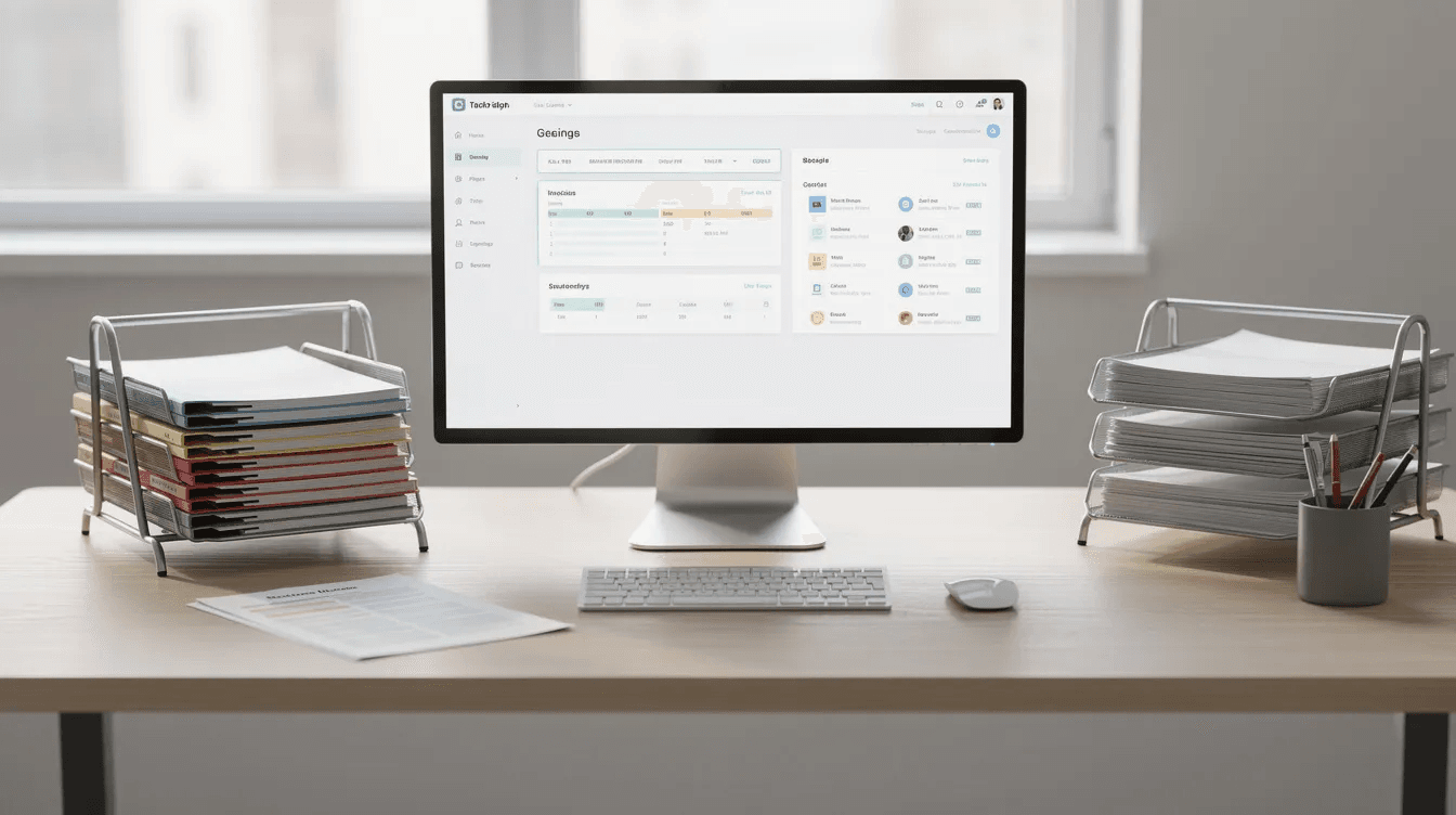 The image depicts an organized desk featuring neatly arranged folders, trays, and a computer monitor, exemplifying a stress-free productivity environment aligned with the GTD methodology. This setup is ideal for capturing information, managing tasks, and maintaining focus on actionable items and projects.