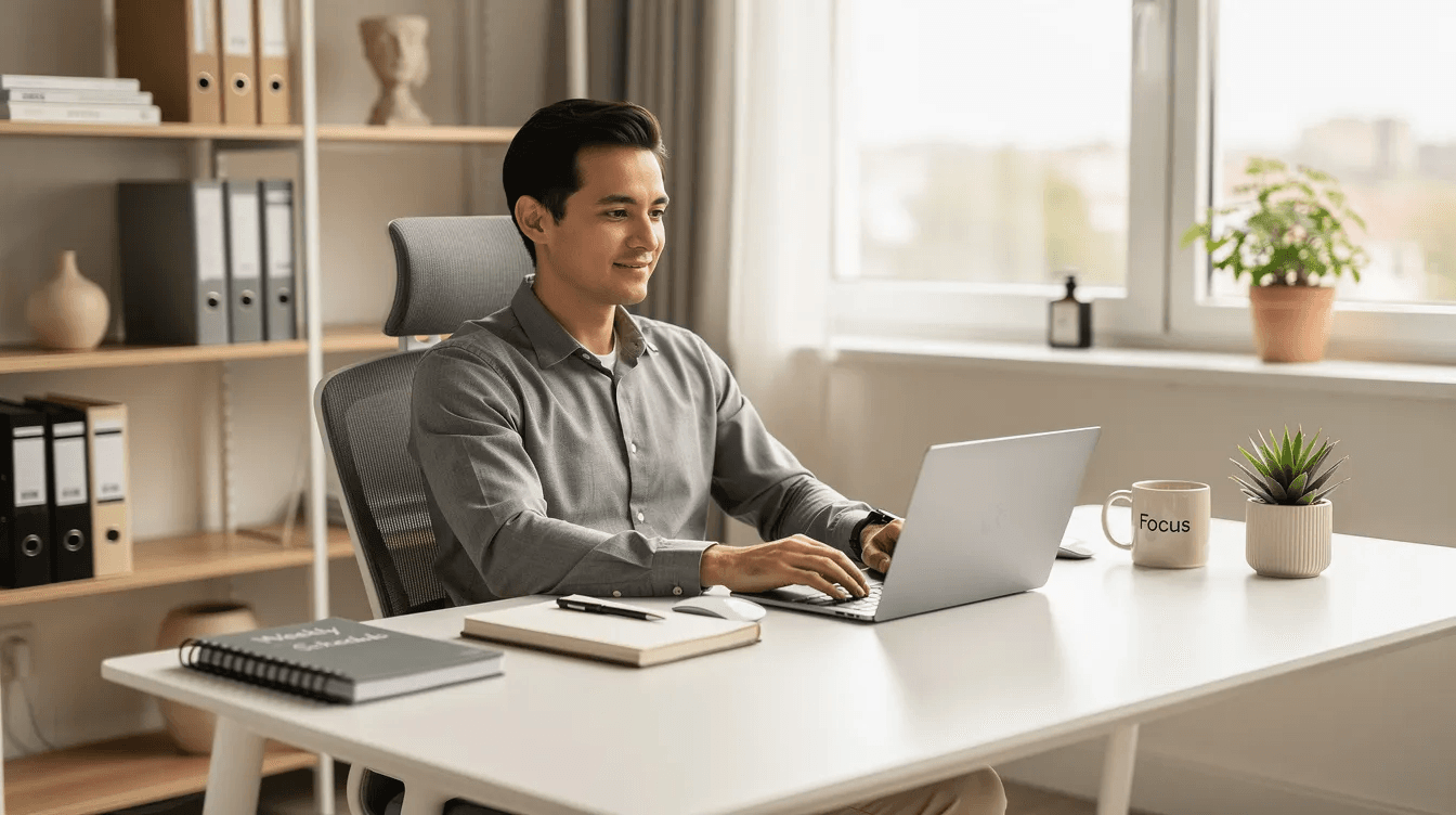 The image depicts a confident professional working at a bright and organized workspace, surrounded by tools and reference materials that facilitate stress-free productivity. The setup reflects the principles of the GTD methodology, emphasizing focus and effective workflow management.