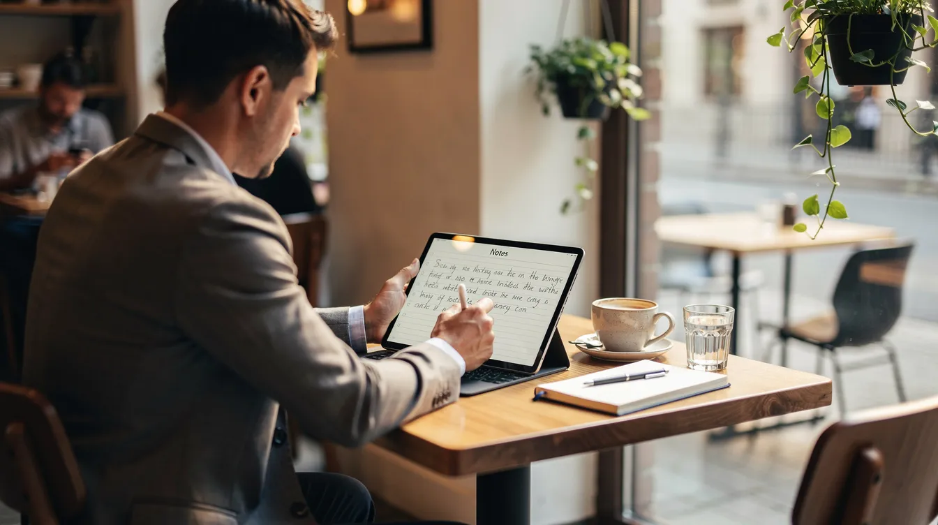 Eine Person sitzt an einem Cafétisch und nutzt ein Tablet mit einem Stift, um Notizen zu erstellen.