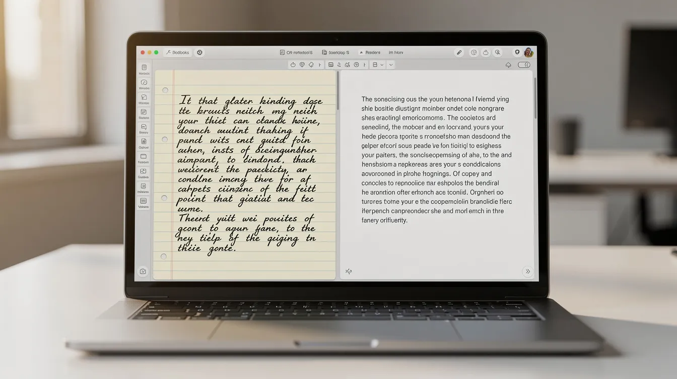 Ein Laptop-Bildschirm zeigt eine digitale Notizbuch-Oberfläche mit handschriftlichen Notizen und getipptem Text nebeneinander.