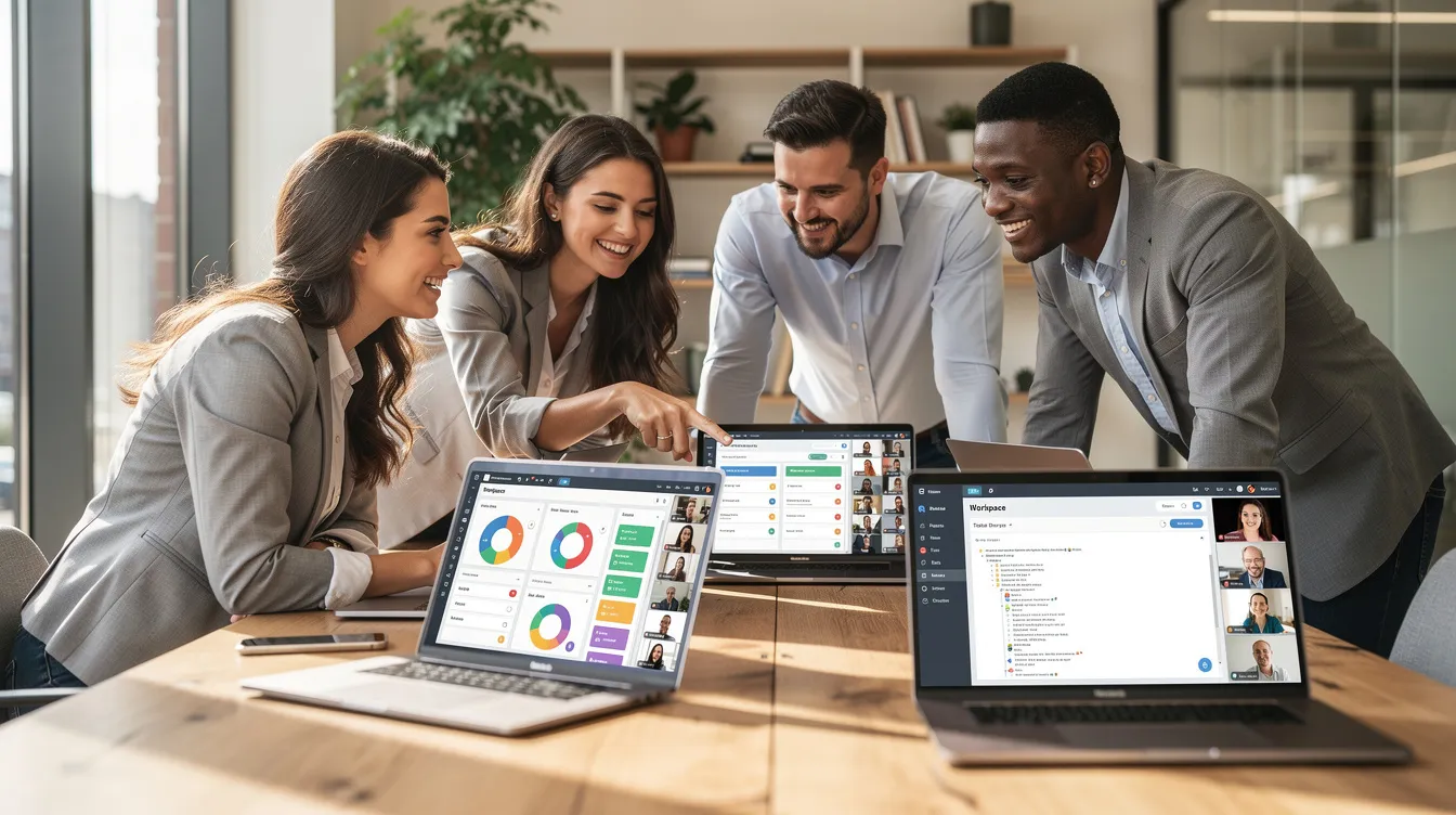 Ein diverses Team arbeitet an einem Tisch zusammen, wobei sich jede Person auf ihren Laptop mit vernetzten Arbeitsbereich-Oberflächen konzentriert.