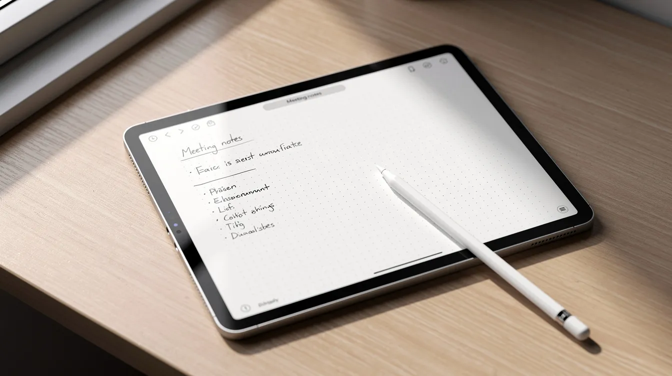 Ein iPad liegt auf einem Schreibtisch und zeigt handschriftliche Notizen auf dem Bildschirm, zusammen mit einem Apple Pencil.
